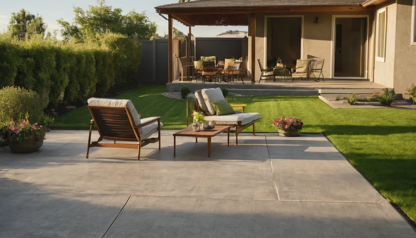 A newly poured concrete patio behind a Painesville home with outdoor chairs and a small table