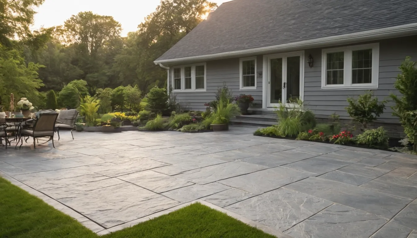 Stamped concrete patio with a slate pattern behind a frame house in the Painesville area